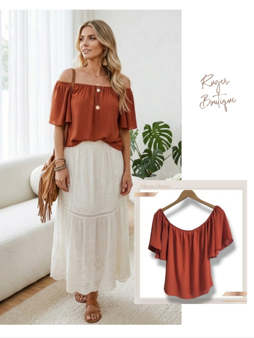 🌿Meyou Meyou Women's Cold Shoulder Burnt Orange Drop Sleeve Blouse